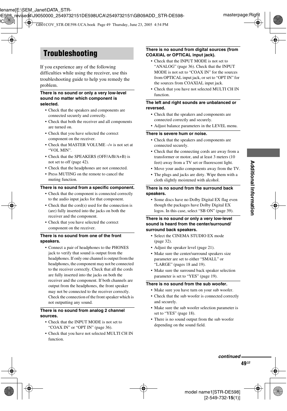 Troubleshooting | Sony STR-DE598 User Manual | Page 49 / 56