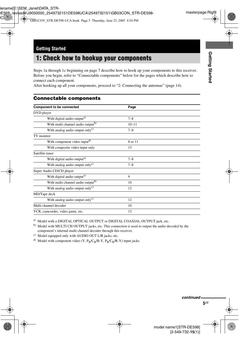 Getting started, Check how to hookup your components, Check how to hookup your | Components, Connectable components | Sony STR-DE598 User Manual | Page 5 / 56