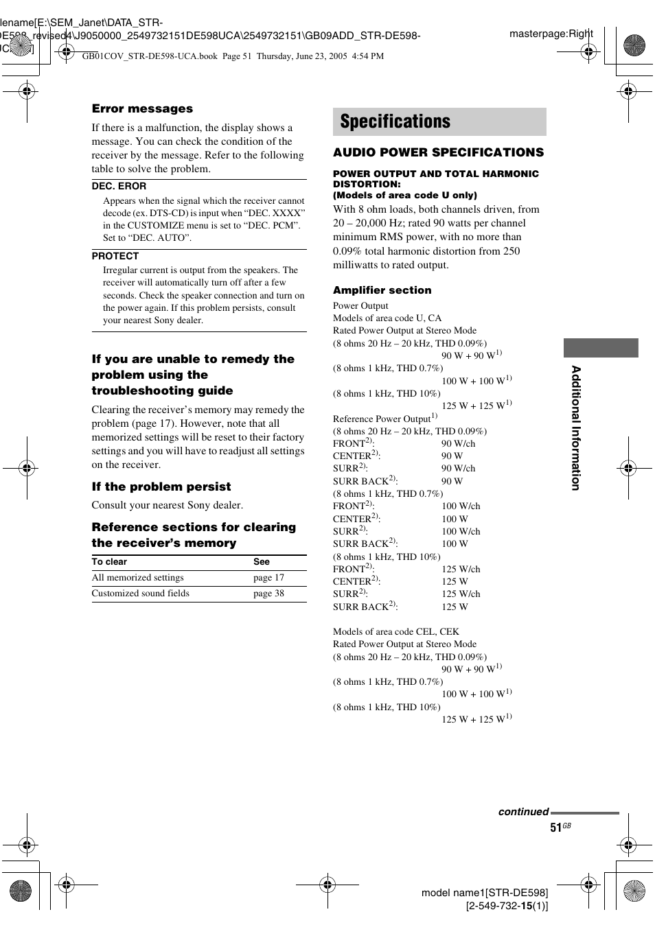 Specifications | Sony STR-DE598 User Manual | Page 51 / 56