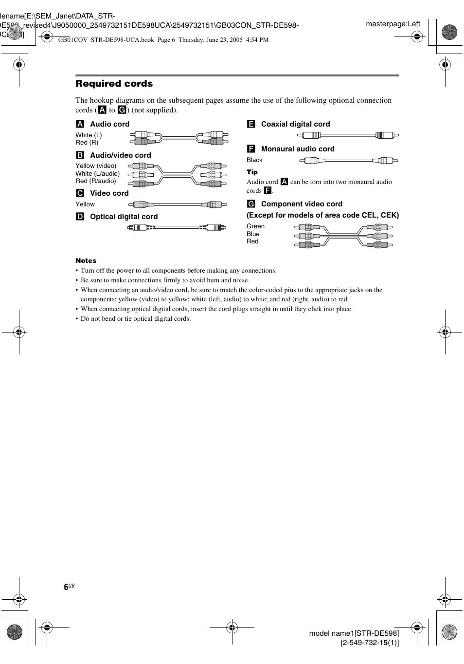 Required cords | Sony STR-DE598 User Manual | Page 6 / 56