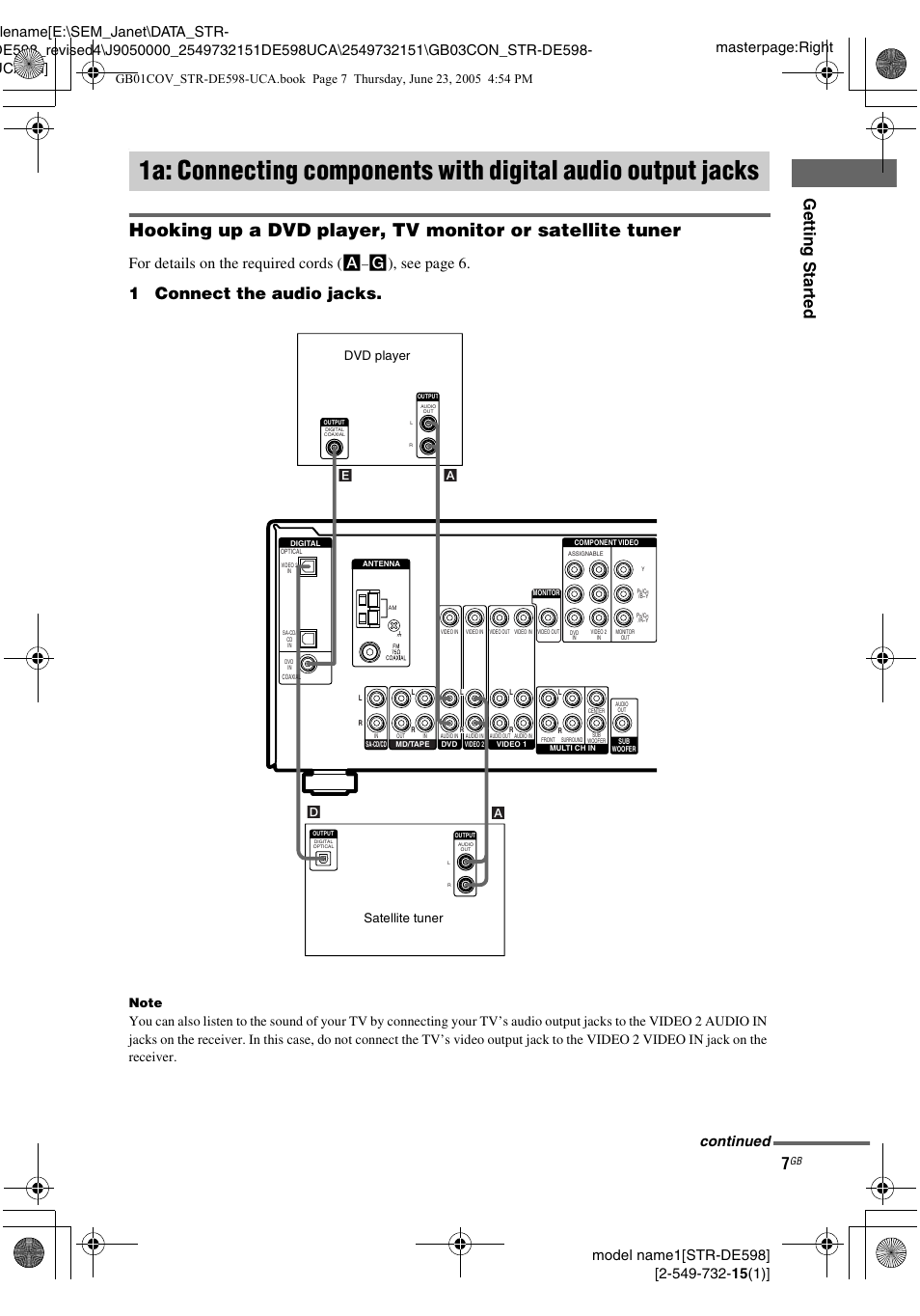 1a: connecting components with, Digital audio output jacks, Gettin g star ted | 1connect the audio jacks, For details on the required cords ( a, G), see page 6, Continued, Satellite tuner dvd player | Sony STR-DE598 User Manual | Page 7 / 56