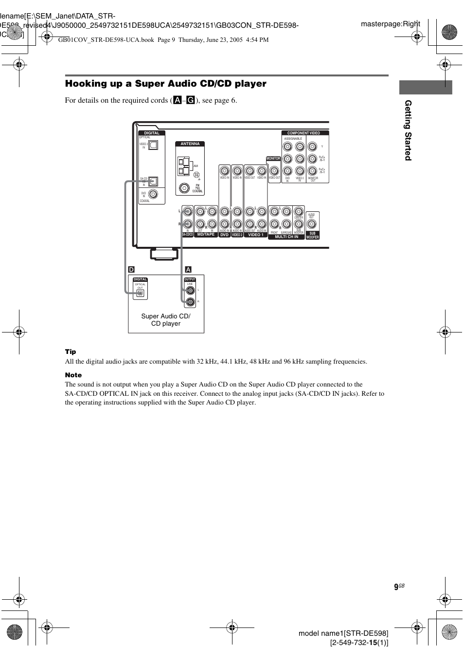 Hooking up a super audio cd/cd player, Gettin g star ted, For details on the required cords ( a | G), see page 6, Super audio cd/ cd player | Sony STR-DE598 User Manual | Page 9 / 56