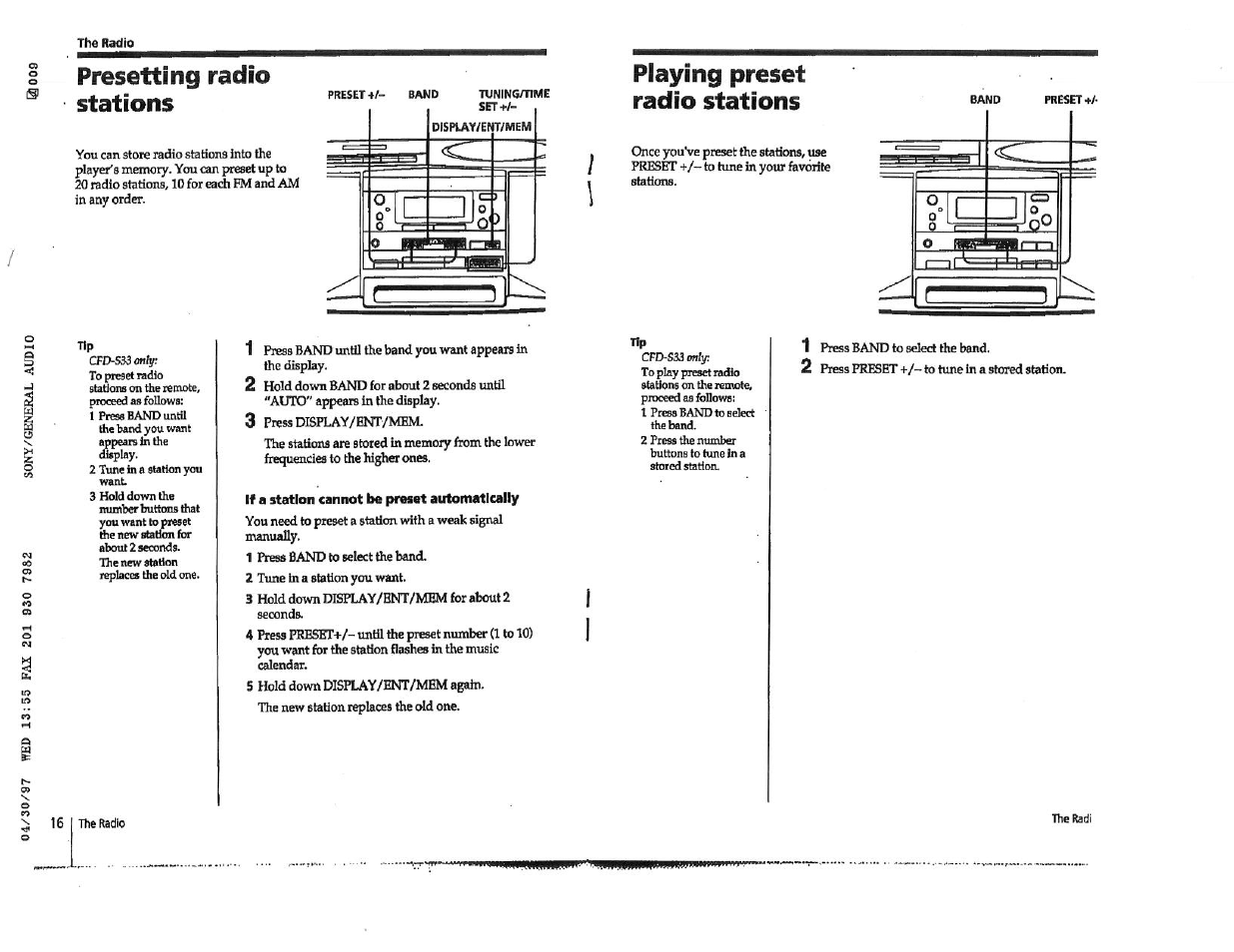 Presetting radio stations, Playing preset radio stations, If a station cannot be preset automatically | Sony CFD-S23 User Manual | Page 10 / 17