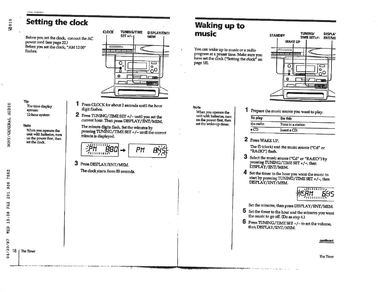 Setting the dock, Waking up to music, P« áso | Sony CFD-S23 User Manual | Page 11 / 17