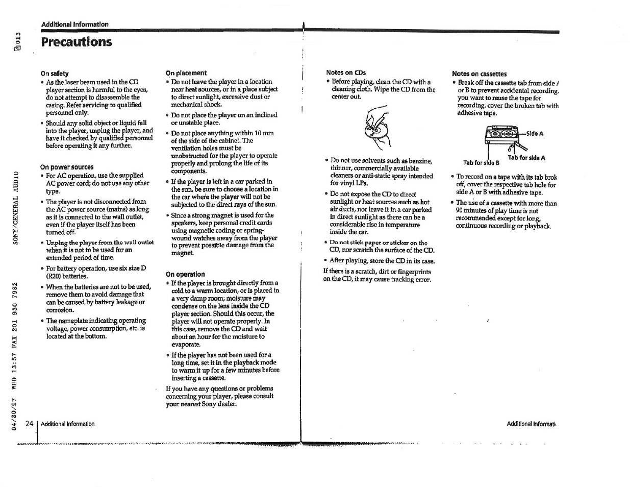 Precautions | Sony CFD-S23 User Manual | Page 14 / 17