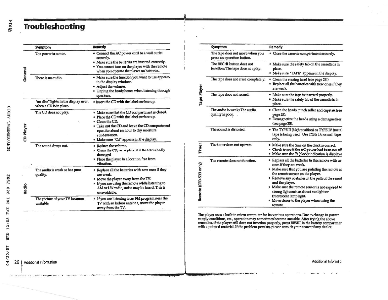 Troubleshooting | Sony CFD-S23 User Manual | Page 15 / 17