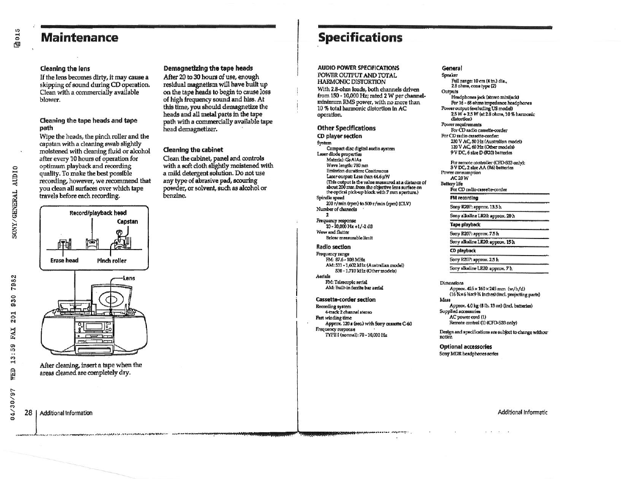 Maintenance, Specifications, Cleaning the lens | Cleaning the tape heads and tape path, General, Maintenance specifications | Sony CFD-S23 User Manual | Page 16 / 17