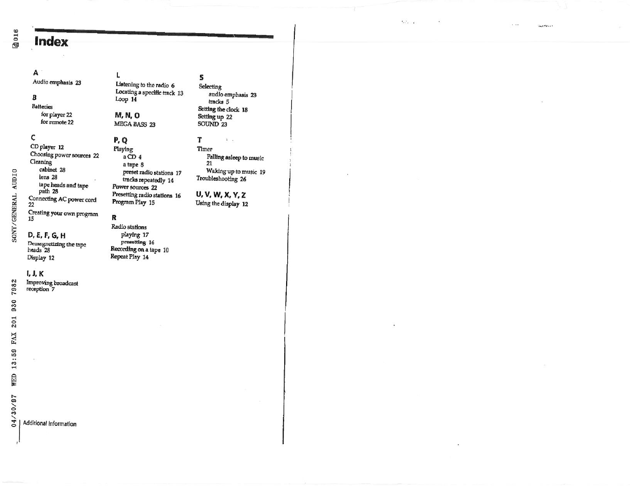 M,n,0, D, e,f,g,h, U.v,w,x.y,z | I, j.k, I index | Sony CFD-S23 User Manual | Page 17 / 17