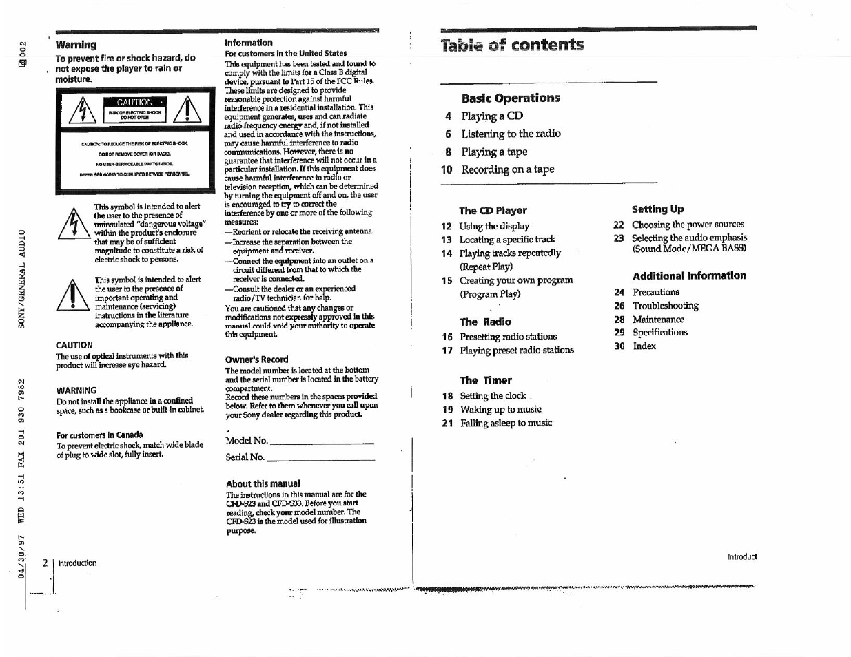 Warning, Labie of contents, The cd player | The radio, The timer, Setting up, Additional information | Sony CFD-S23 User Manual | Page 3 / 17