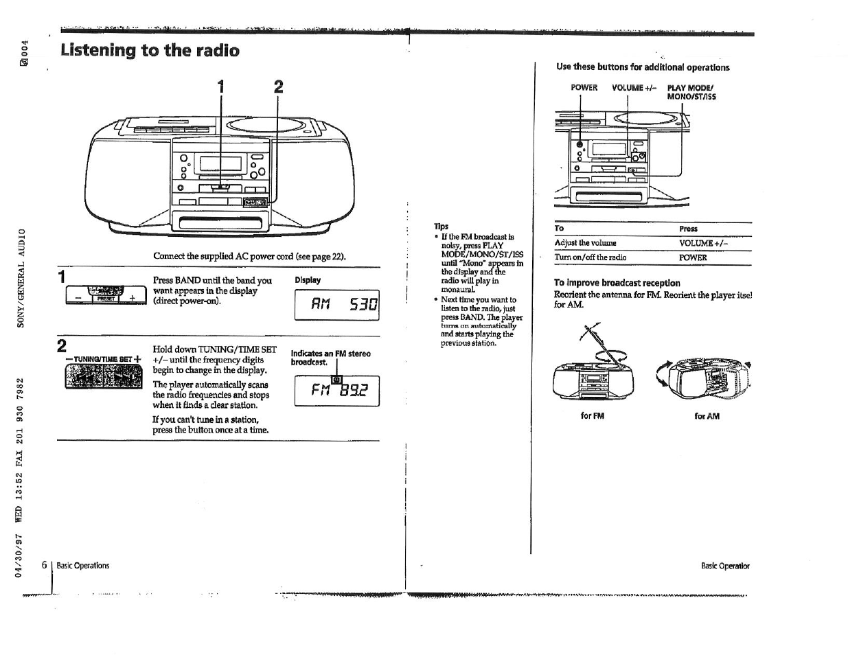 Listening to the radio, Rt1 530 | Sony CFD-S23 User Manual | Page 5 / 17