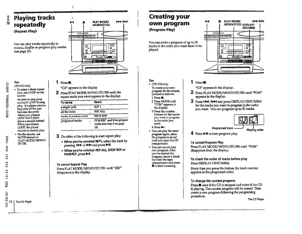 Playing tracks repeatedly, Repeat play), To cancel repeat play | Creating your own program, Program play), To cancel program play, To check the order of tracks before play, To change the current program | Sony CFD-S23 User Manual | Page 9 / 17