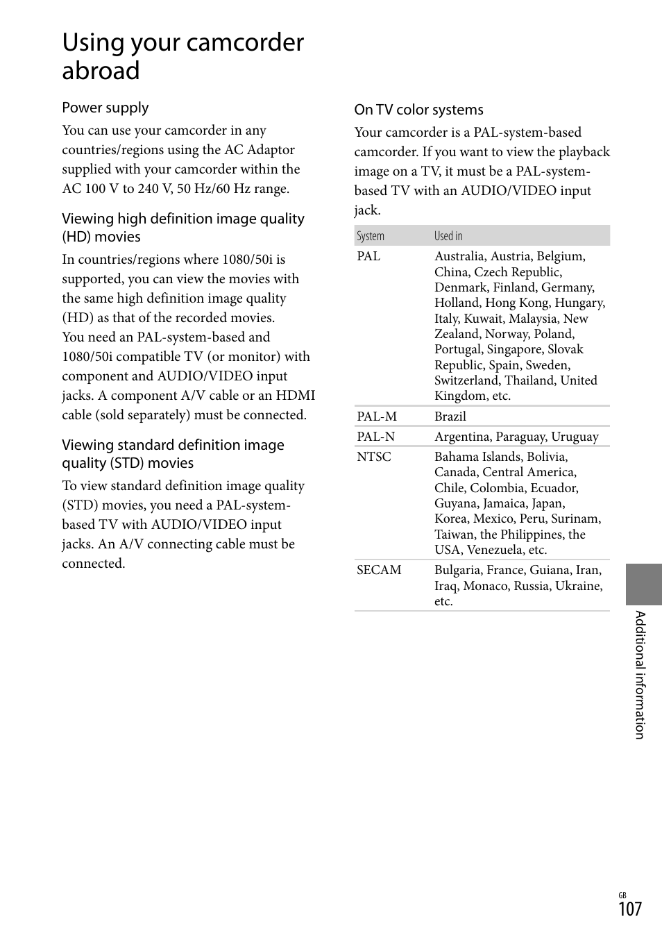 Using your camcorder abroad | Sony XR550E User Manual | Page 107 / 127