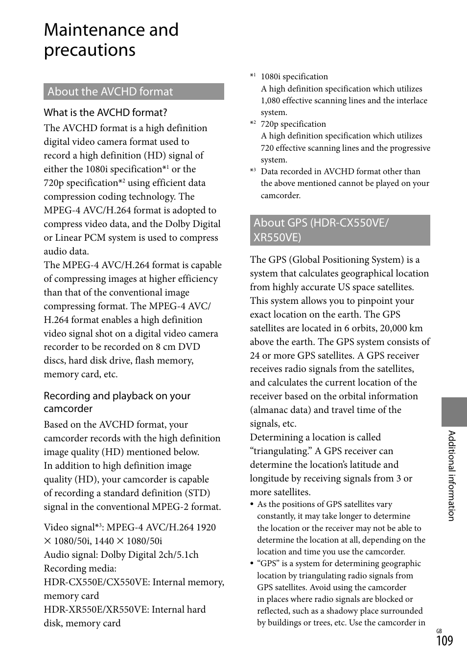 Maintenance and precautions, About the avchd format, About gps (hdr-cx550ve/xr550ve) | E 109 f | Sony XR550E User Manual | Page 109 / 127