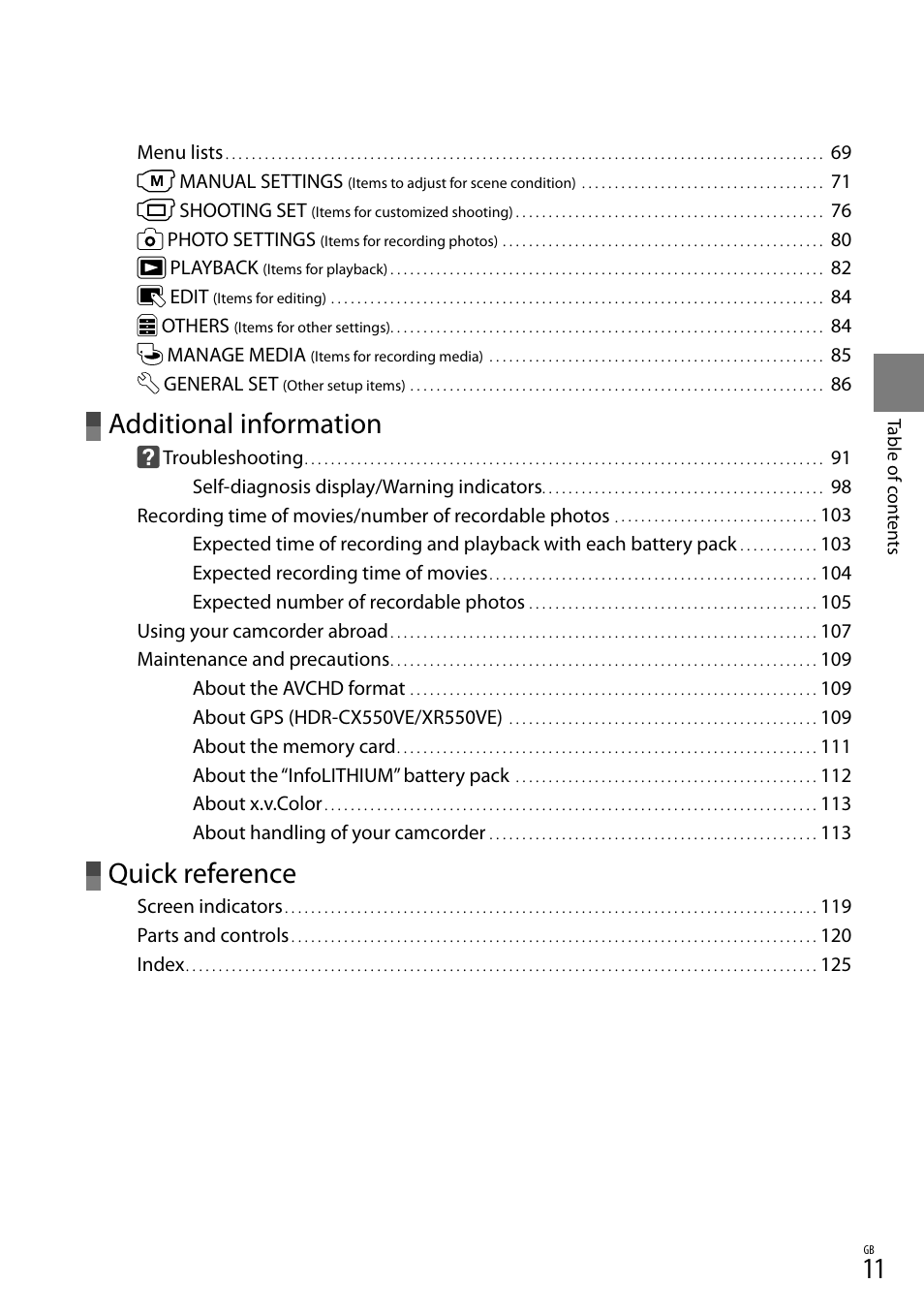 Additional information, Quick reference | Sony XR550E User Manual | Page 11 / 127