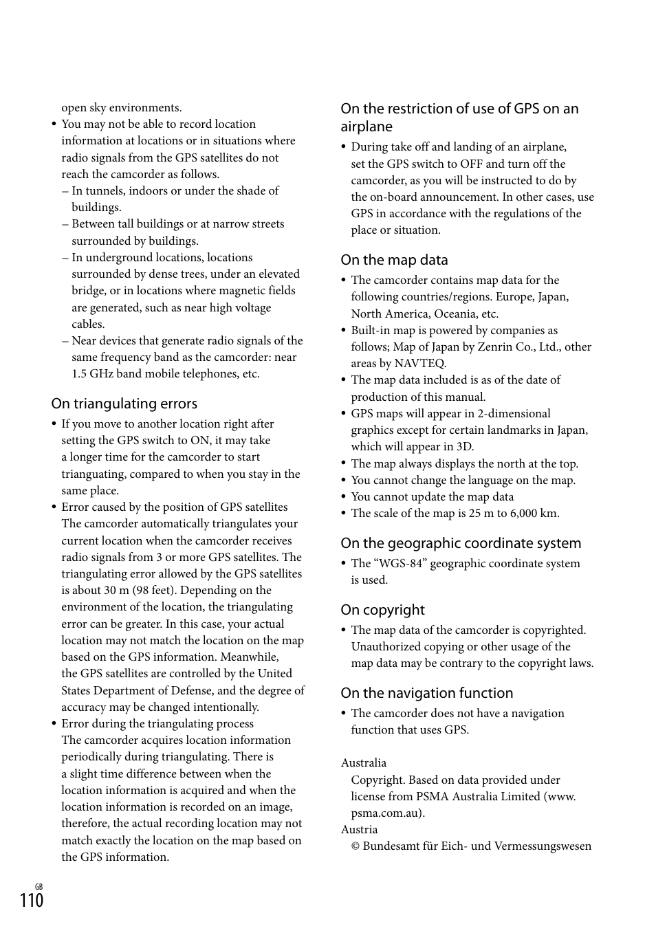 On triangulating errors, On the restriction of use of gps on an airplane, On the map data | On the geographic coordinate system, On copyright, On the navigation function | Sony XR550E User Manual | Page 110 / 127