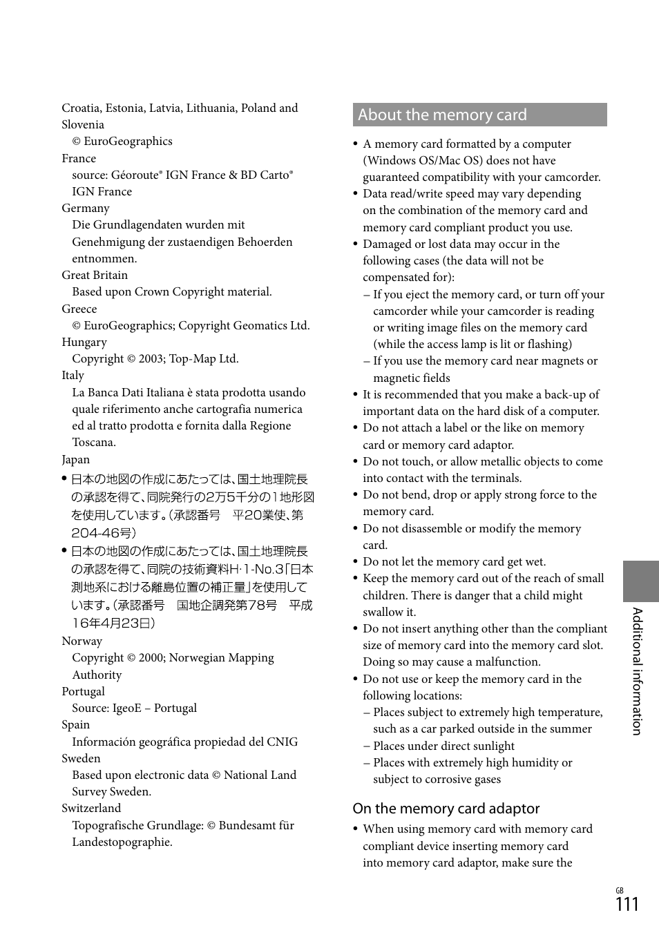 About the memory card | Sony XR550E User Manual | Page 111 / 127
