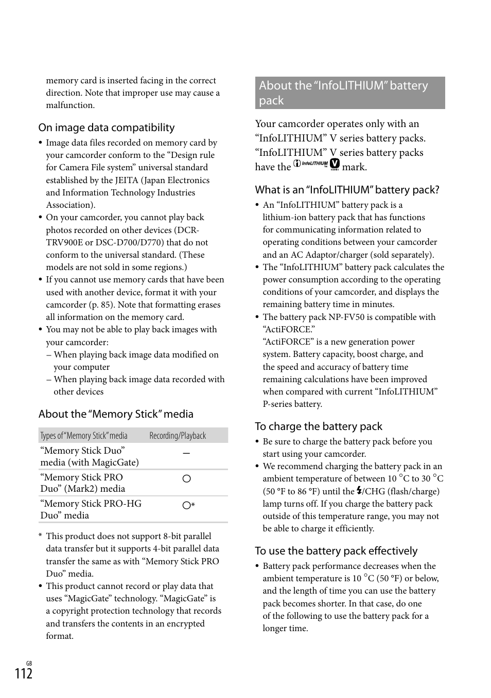 About the “infolithium” battery pack, On image data compatibility, What is an “infolithium” battery pack | Sony XR550E User Manual | Page 112 / 127