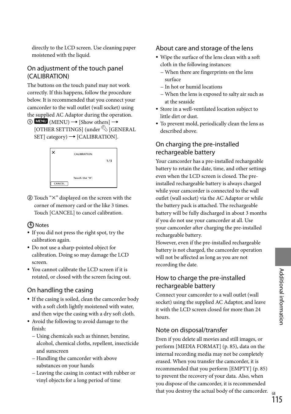 On adjustment of the touch panel (calibration), On handling the casing, About care and storage of the lens | On charging the pre-installed rechargeable battery | Sony XR550E User Manual | Page 115 / 127