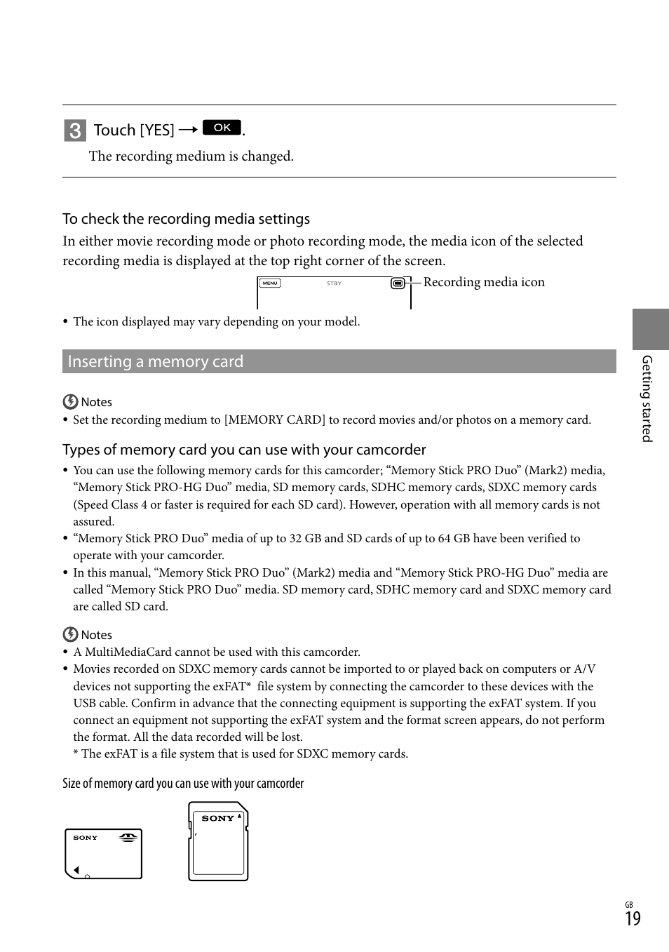 Inserting a memory card, Touch [yes | Sony XR550E User Manual | Page 19 / 127