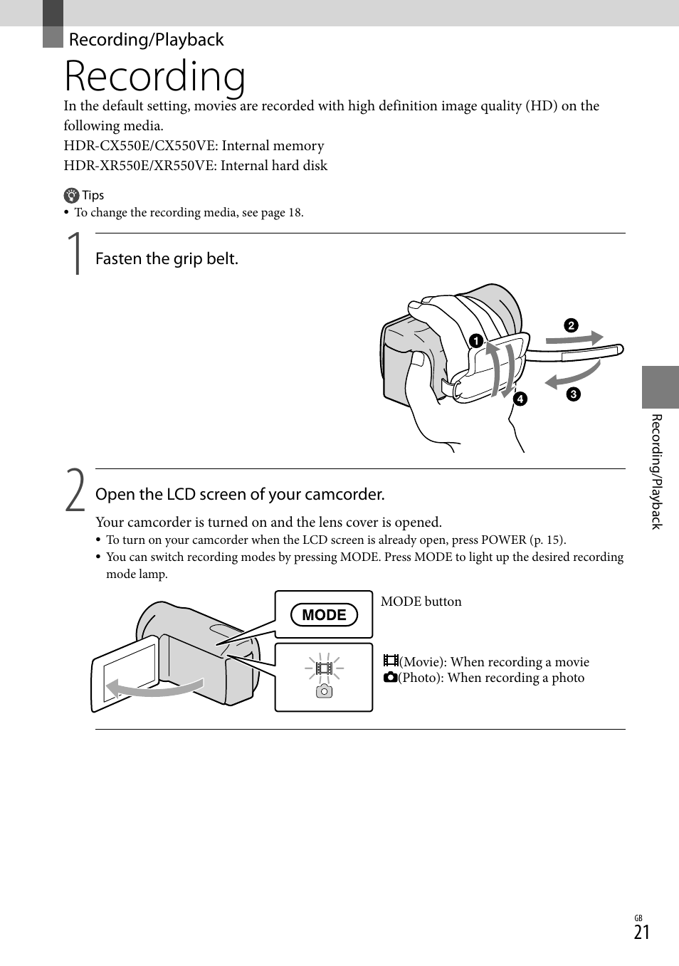 Recording/playback, Recording, 21) o | 21), t | Sony XR550E User Manual | Page 21 / 127