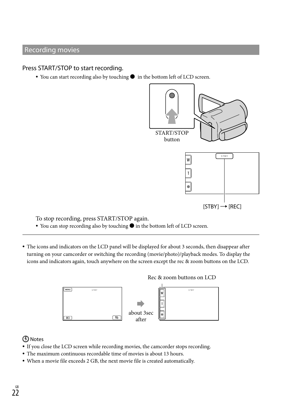 Recording movies, Press start/stop to start recording | Sony XR550E User Manual | Page 22 / 127