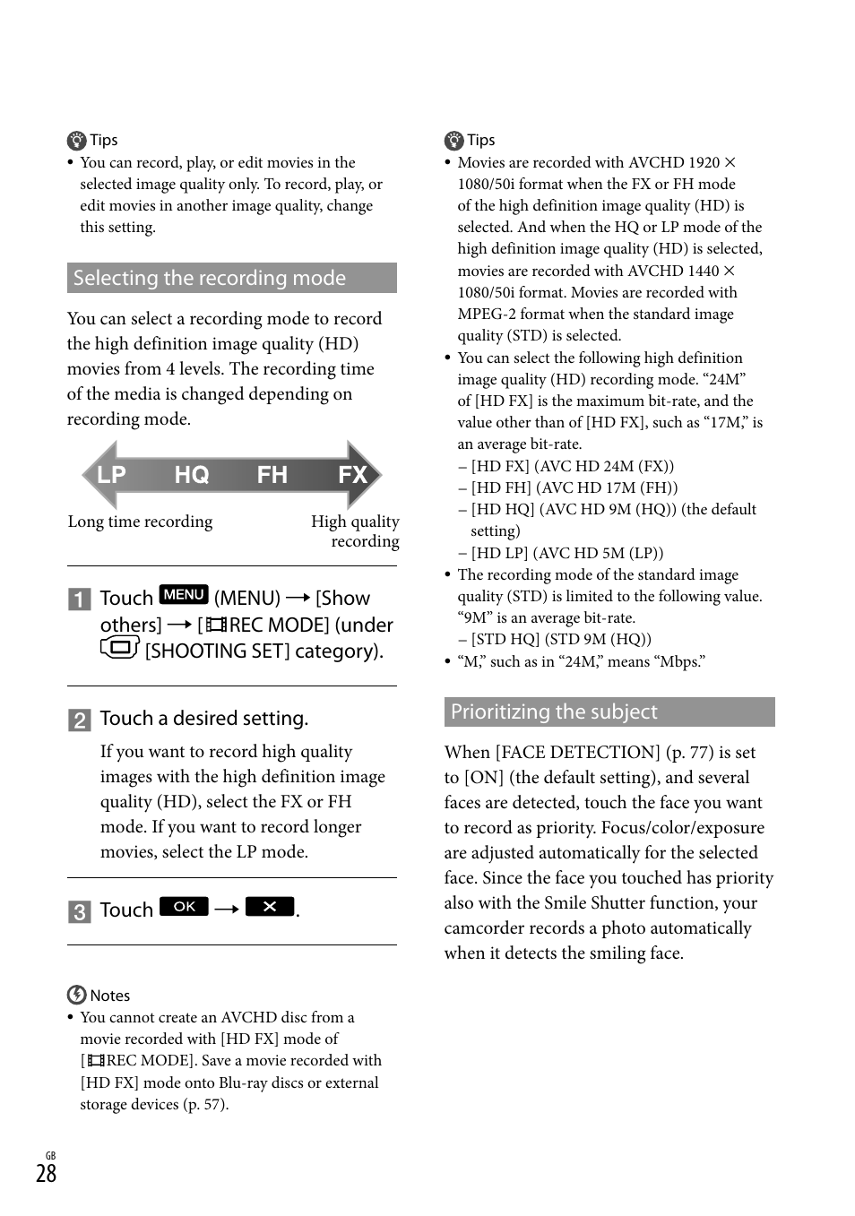 Selecting the recording mode, Prioritizing the subject, T(28) | Touch | Sony XR550E User Manual | Page 28 / 127