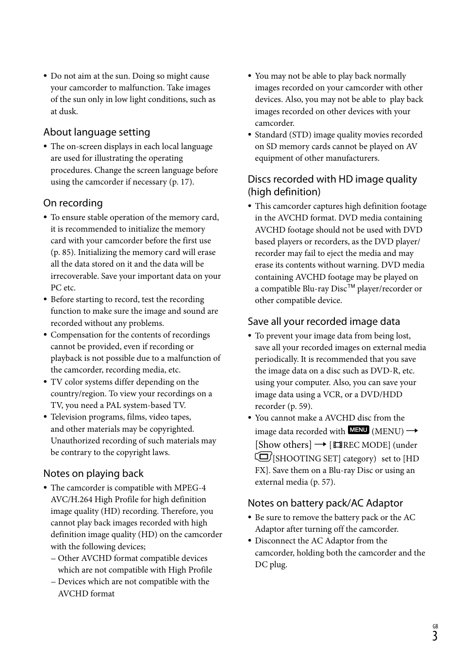 About language setting, On recording, Save all your recorded image data | Sony XR550E User Manual | Page 3 / 127