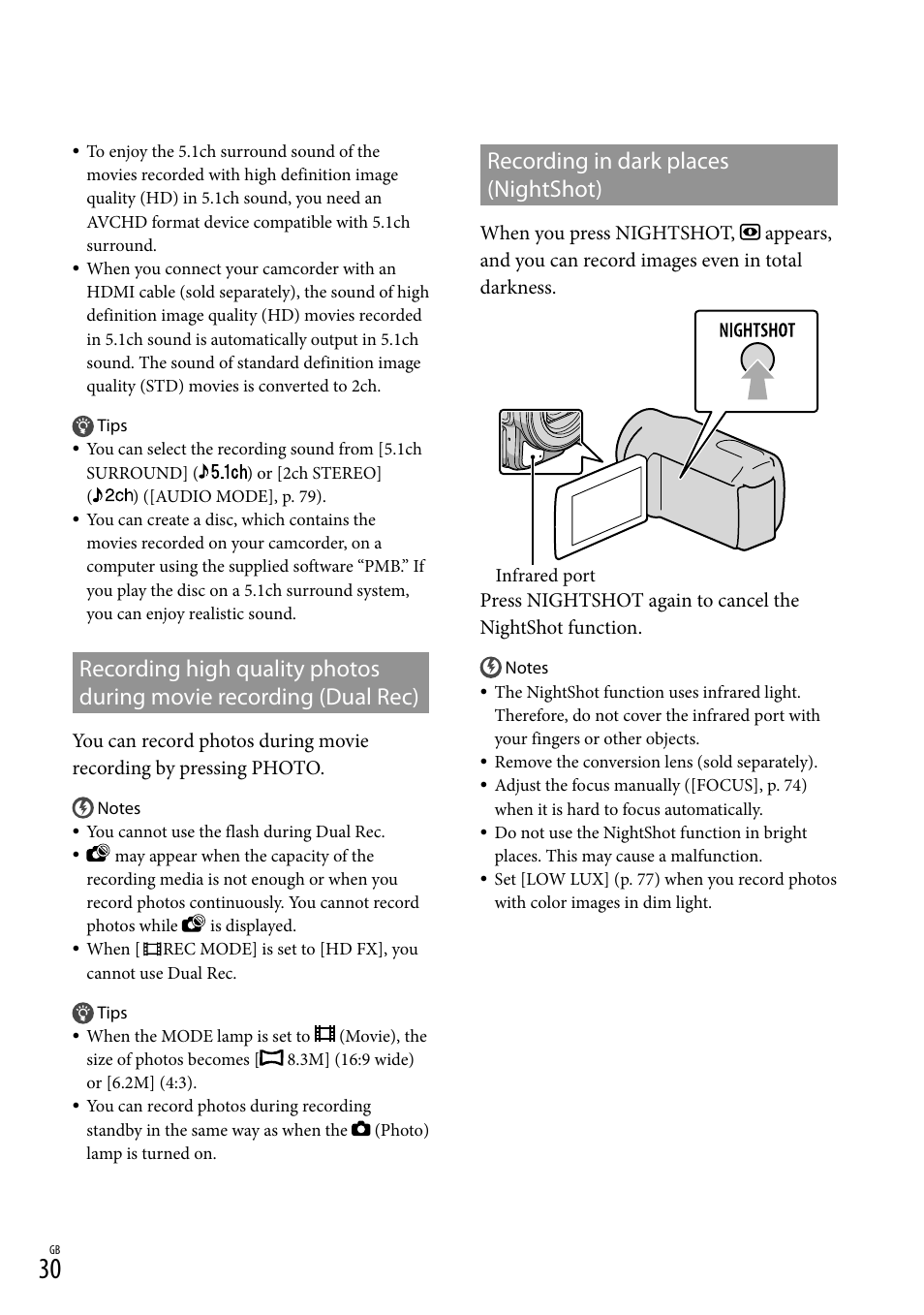 Recording in dark places (nightshot), C(30), T(30) | Sony XR550E User Manual | Page 30 / 127