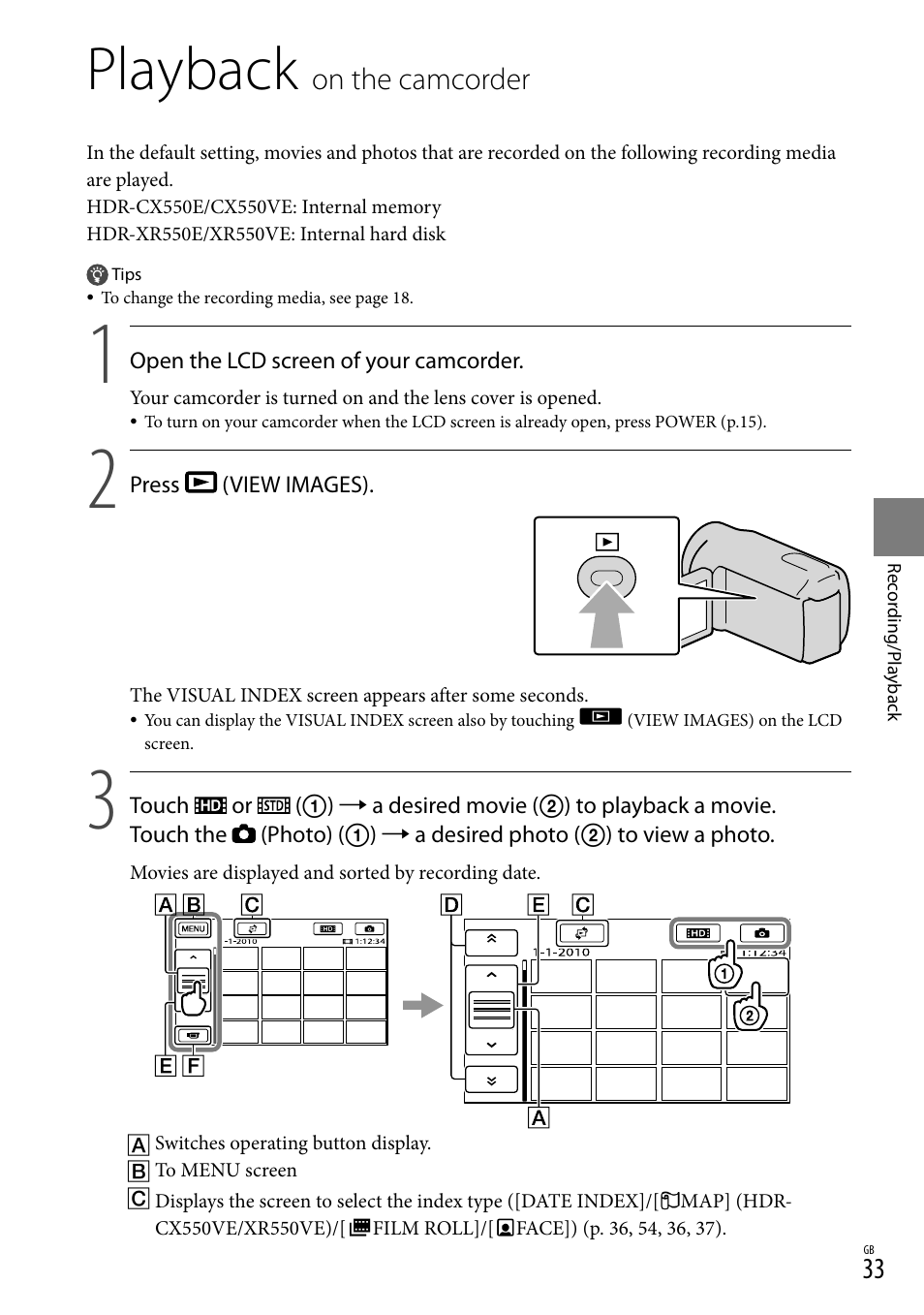 Playback on the camcorder, Playback, On the camcorder | Sony XR550E User Manual | Page 33 / 127