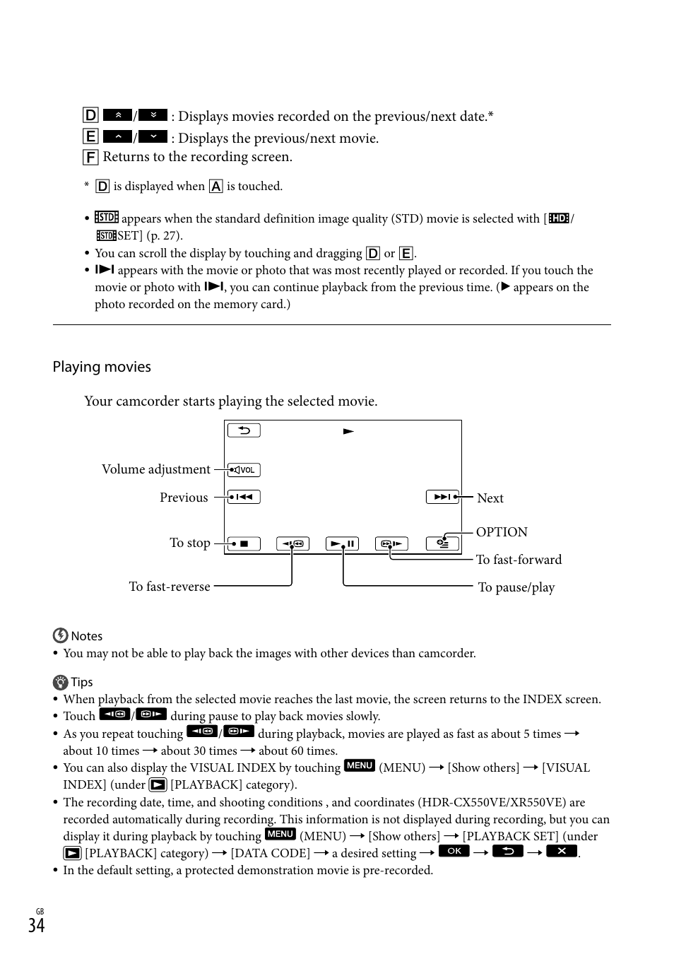 Playing movies | Sony XR550E User Manual | Page 34 / 127