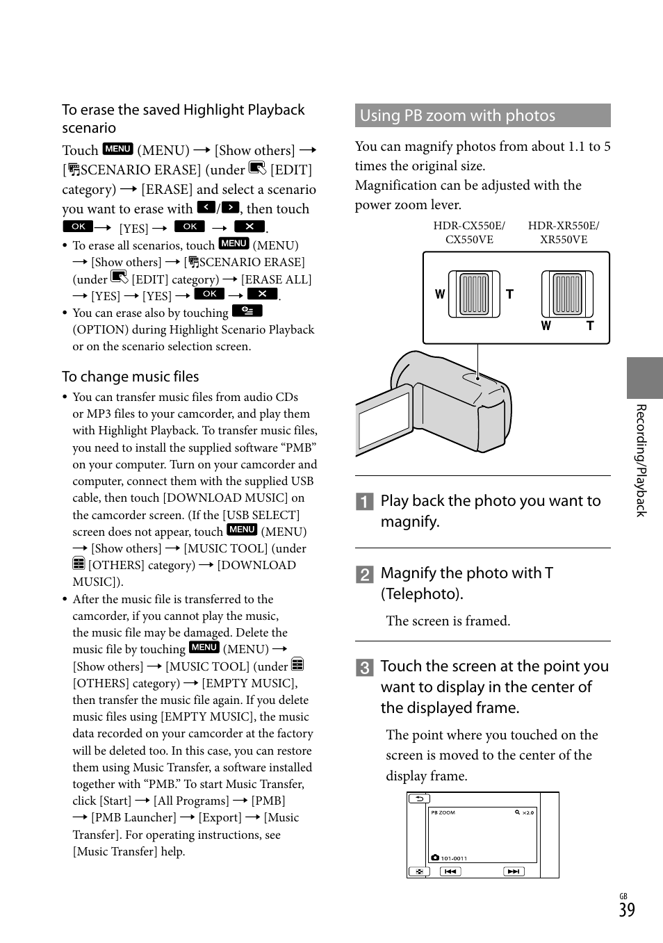 Using pb zoom with photos | Sony XR550E User Manual | Page 39 / 127