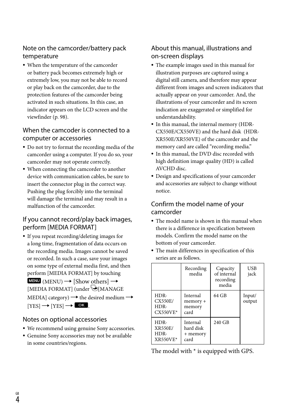 Confirm the model name of your camcorder | Sony XR550E User Manual | Page 4 / 127