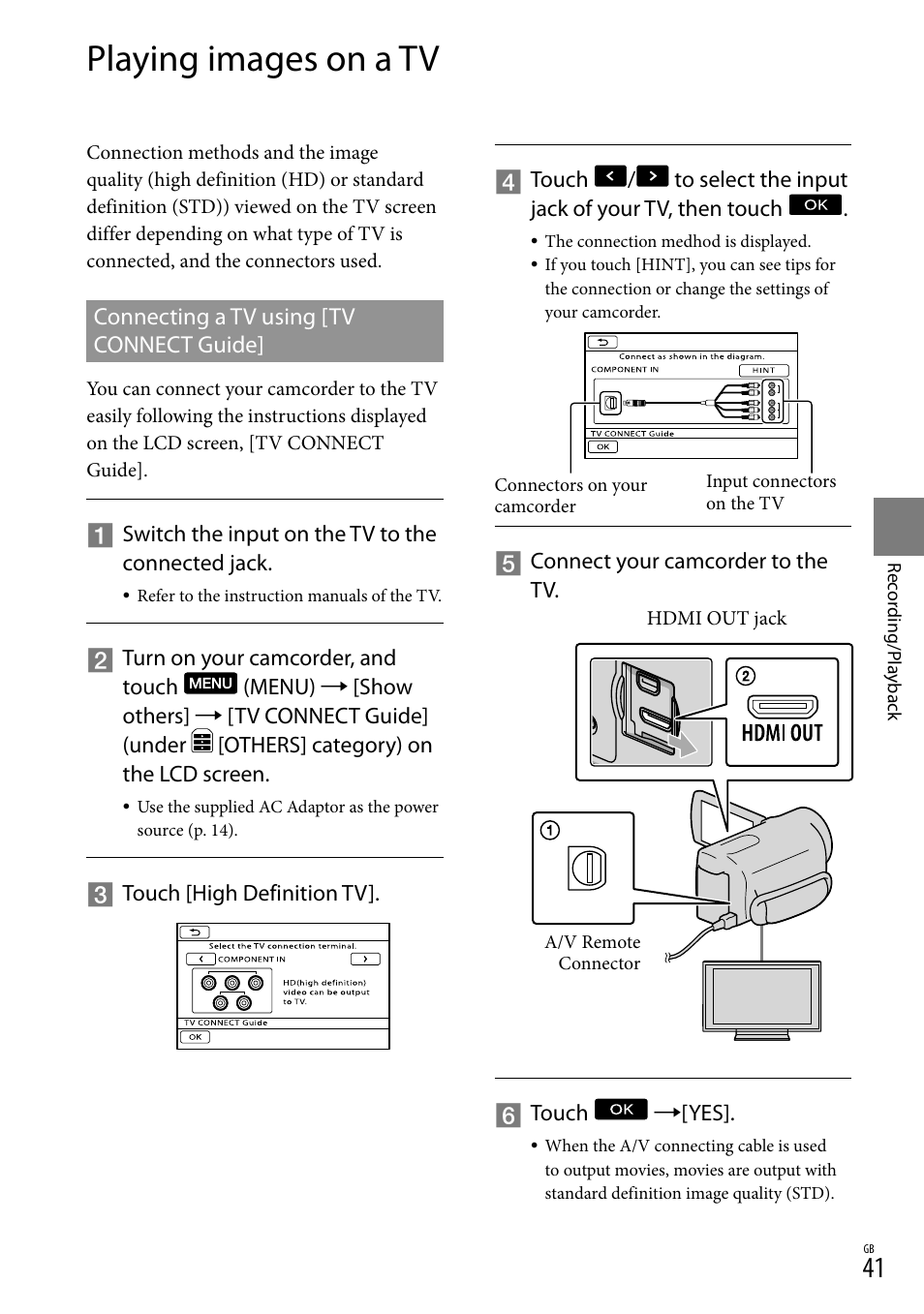 Playing images on a tv, Connecting a tv using [tv connect guide | Sony XR550E User Manual | Page 41 / 127