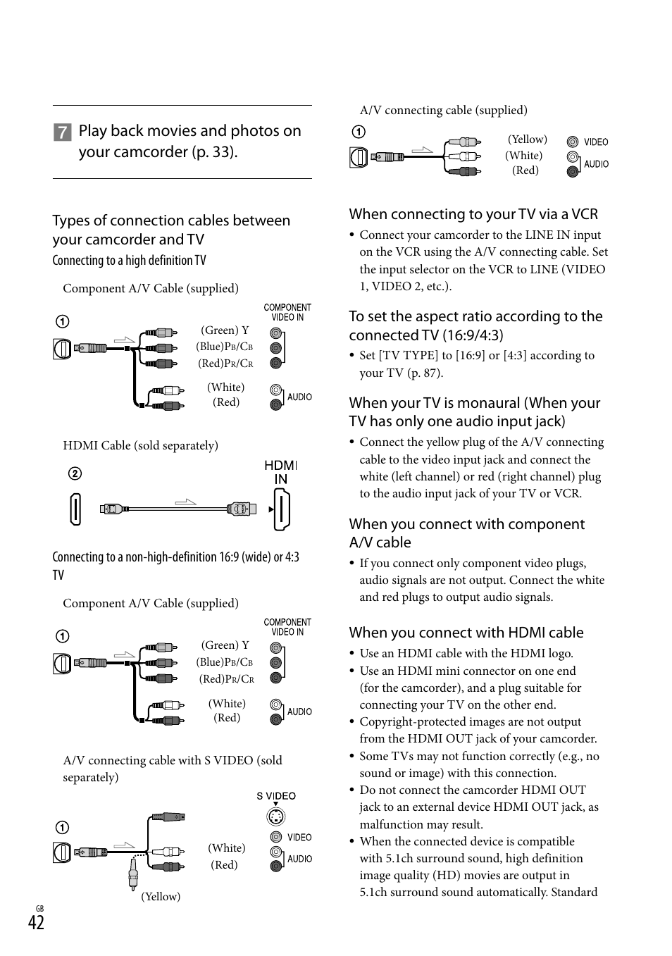 When connecting to your tv via a vcr, When you connect with component a/v cable, When you connect with hdmi cable | Connecting to a high definition tv | Sony XR550E User Manual | Page 42 / 127