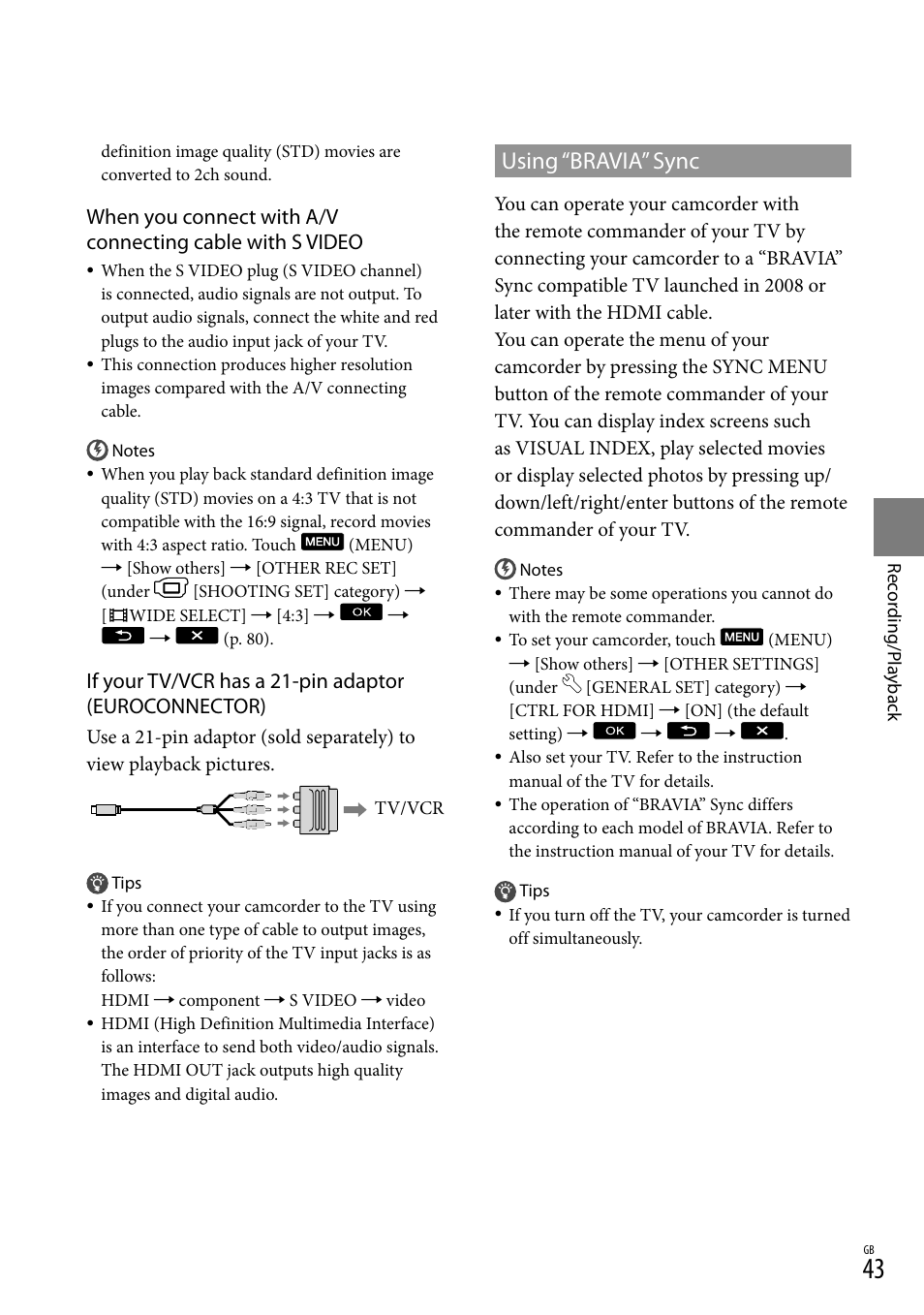 Using “bravia” sync | Sony XR550E User Manual | Page 43 / 127