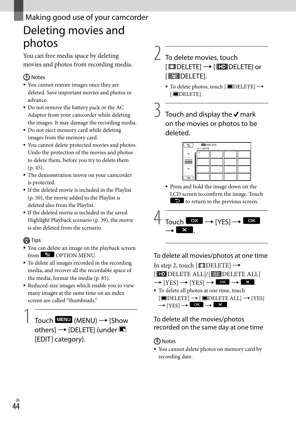 Making good use of your camcorder, Deleting movies and photos | Sony XR550E User Manual | Page 44 / 127