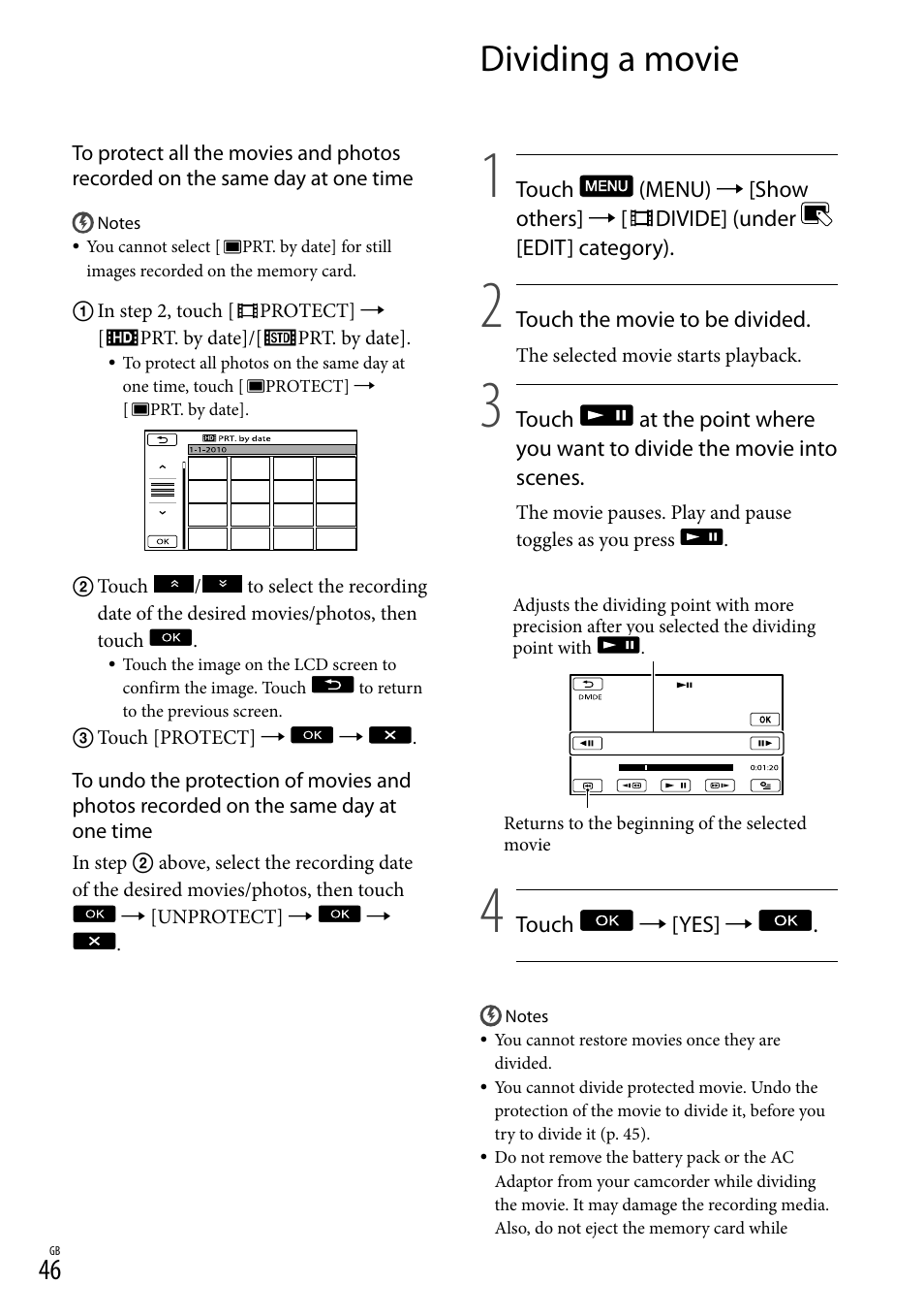 Dividing a movie | Sony XR550E User Manual | Page 46 / 127
