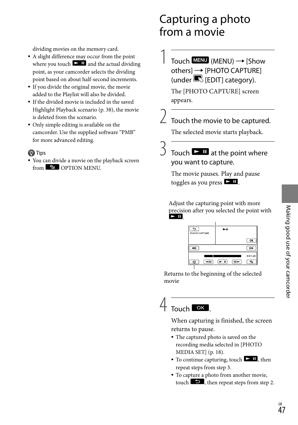 Capturing a photo from a movie | Sony XR550E User Manual | Page 47 / 127
