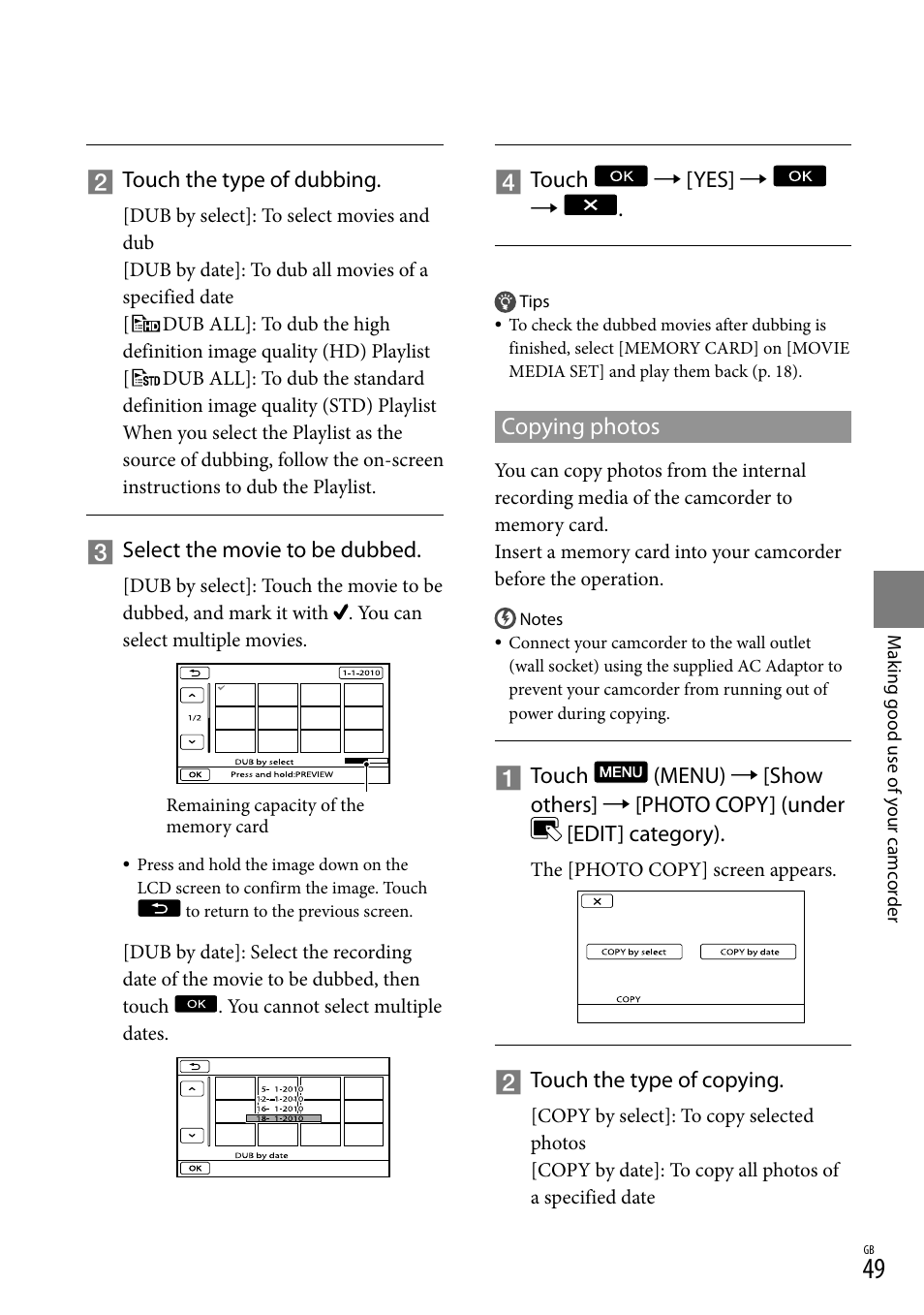 Copying photos | Sony XR550E User Manual | Page 49 / 127