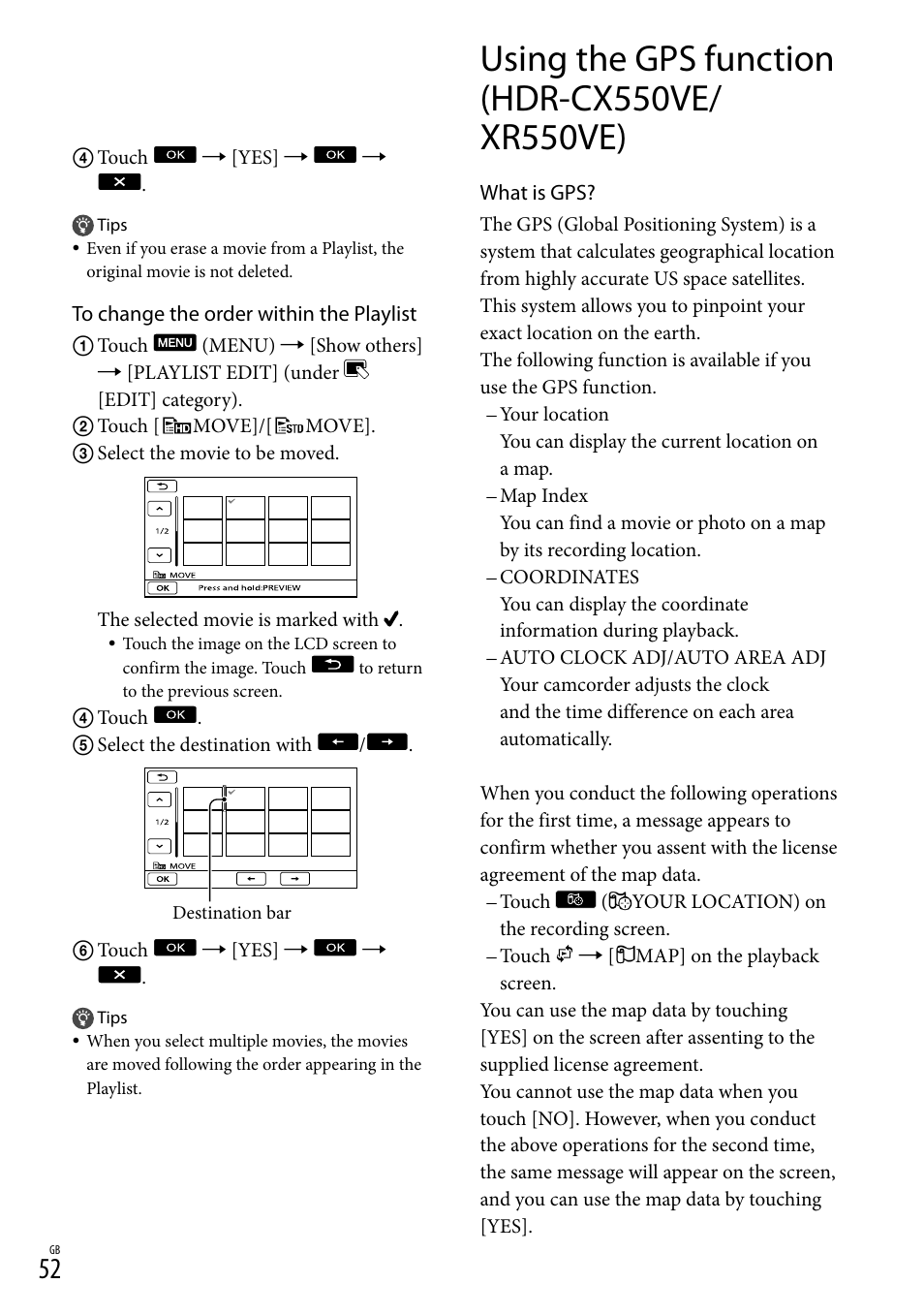 Using the gps function (hdr-cx550ve/xr550ve) | Sony XR550E User Manual | Page 52 / 127