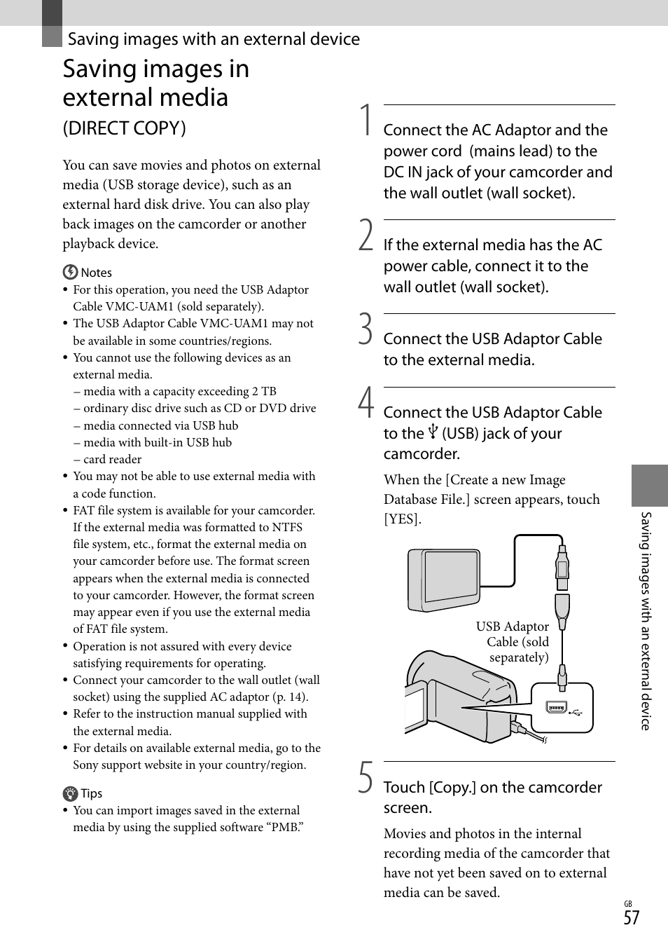 Saving images with an external device, Saving images in external media (direct copy), Saving images in external media | Direct copy) | Sony XR550E User Manual | Page 57 / 127