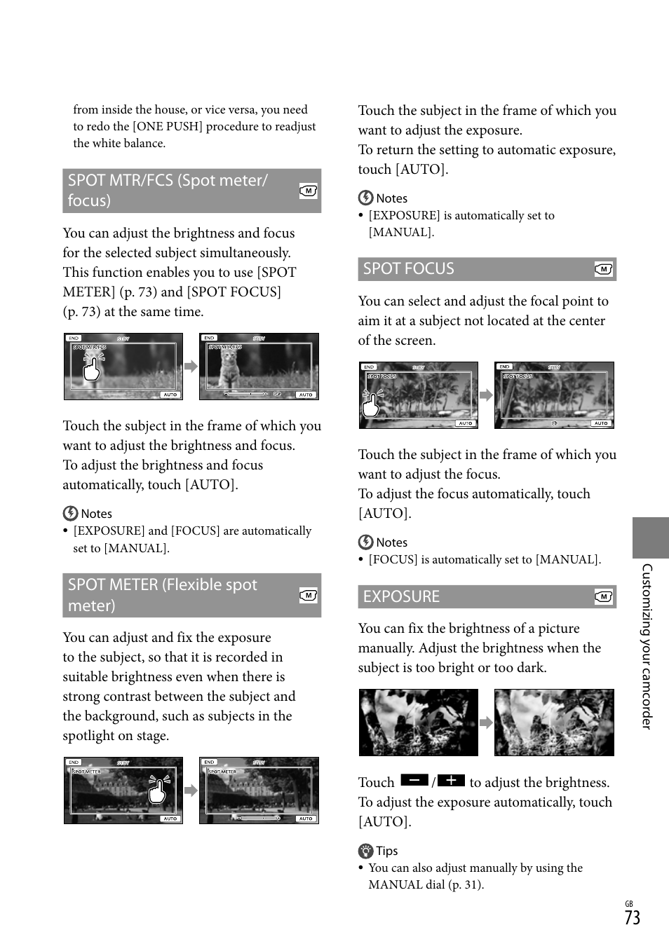 Cus(73), Spot mtr/fcs (spot meter/ focus), Spot meter (flexible spot meter) | Spot focus, Exposure | Sony XR550E User Manual | Page 73 / 127