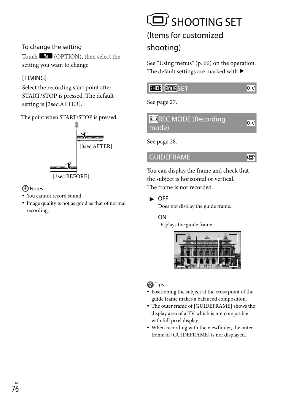 Shooting set (items for customized shooting), Shooting set, Items for customized shooting) | 76), a, Rec mode (recording mode), Guideframe | Sony XR550E User Manual | Page 76 / 127