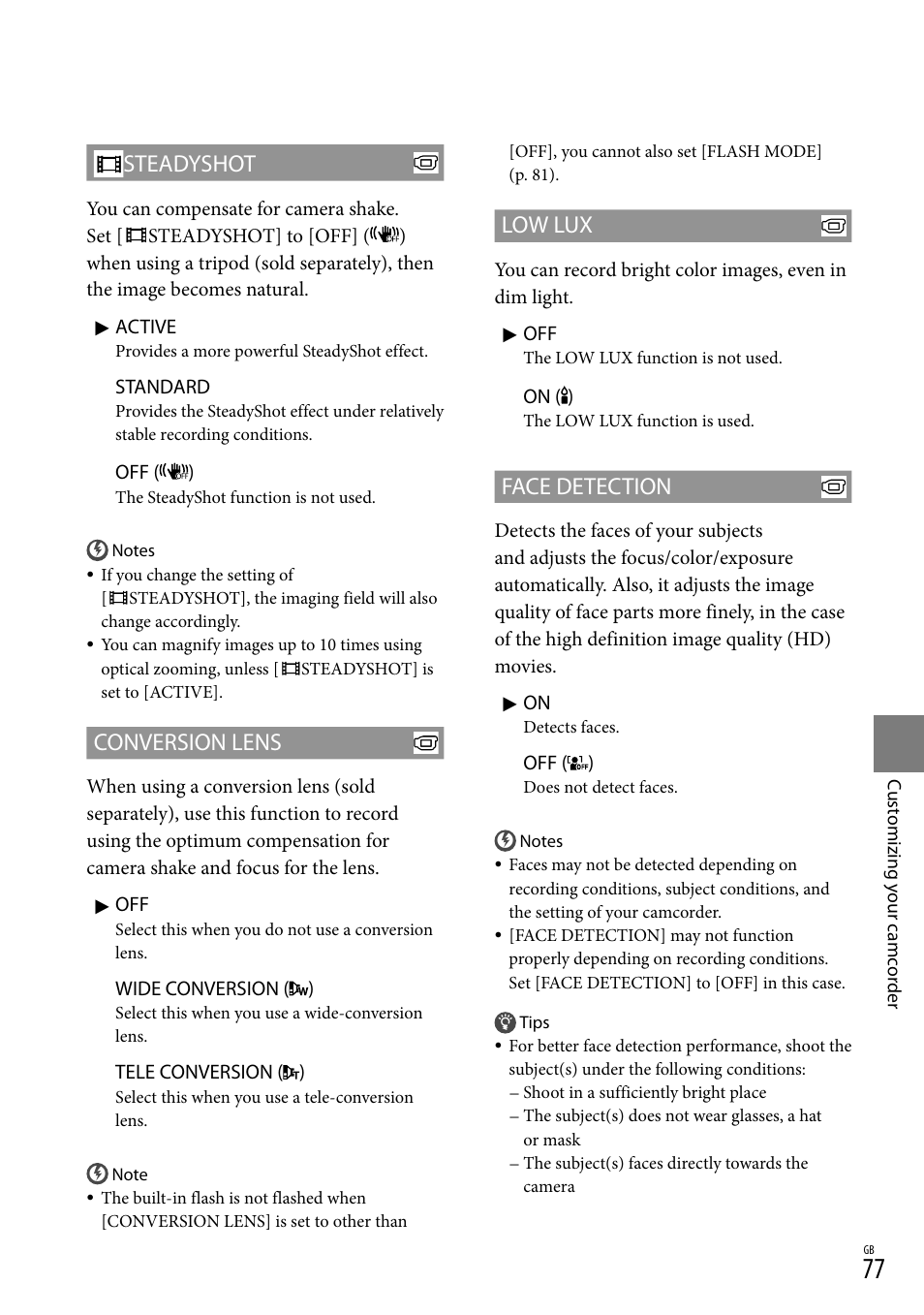 Ux(77), Steadyshot, Conversion lens | Low lux, Face detection | Sony XR550E User Manual | Page 77 / 127