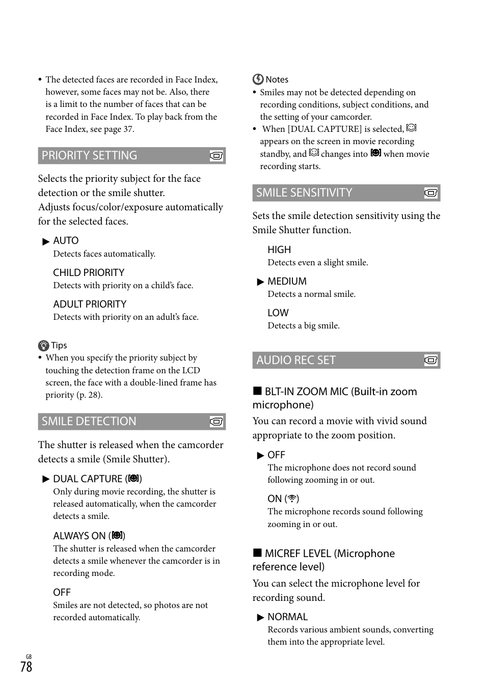 Priority setting, Smile detection, Smile sensitivity | Audio rec set | Sony XR550E User Manual | Page 78 / 127