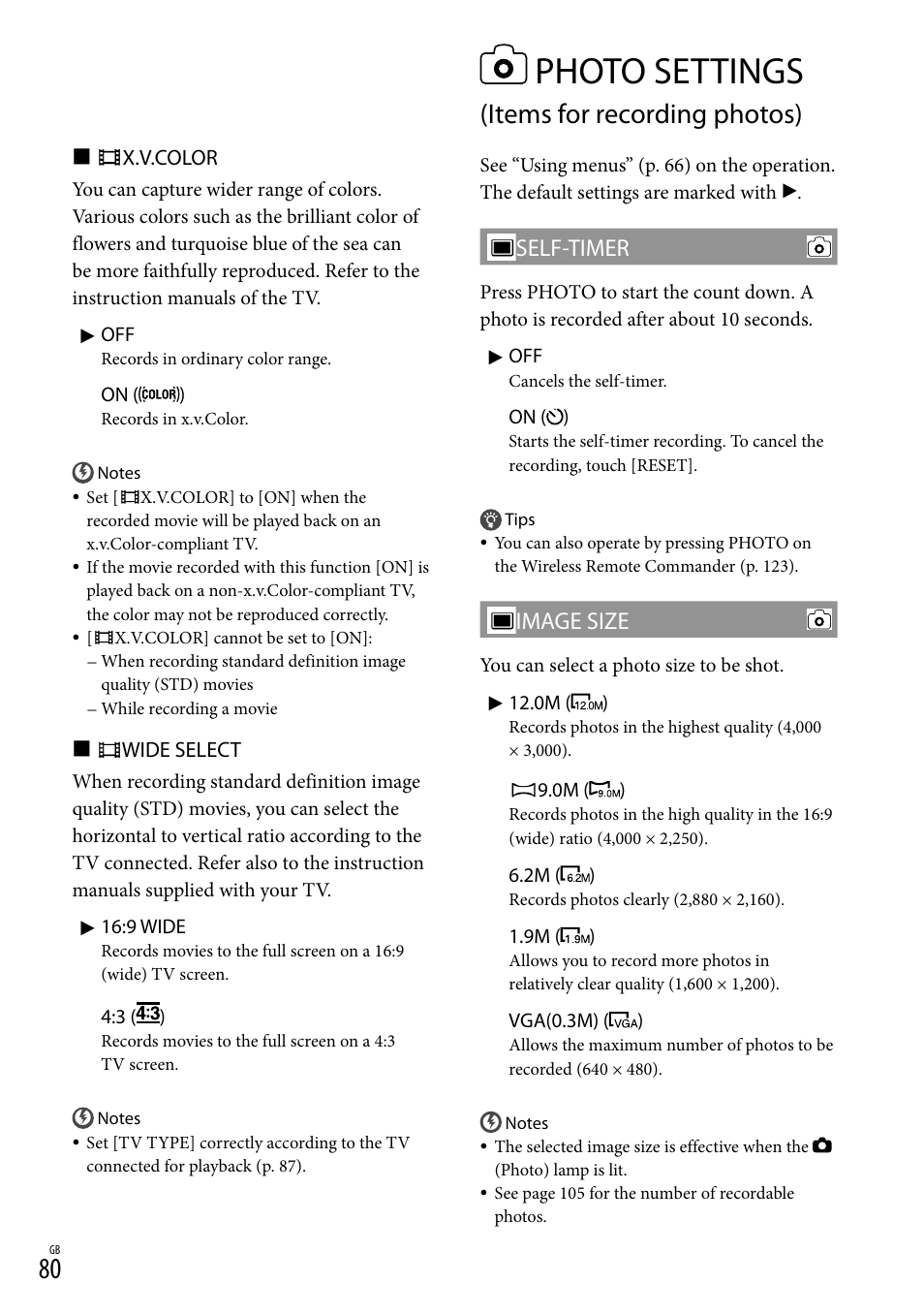 Photo settings (items for recording photos), Photo settings, Items for recording photos) | Self-timer, Image size | Sony XR550E User Manual | Page 80 / 127