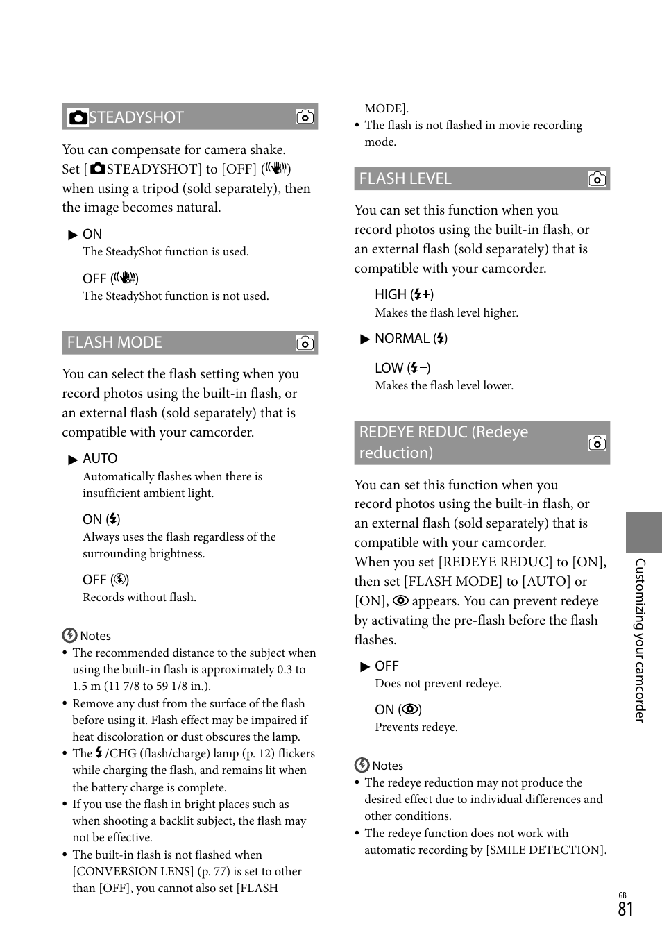 Steadyshot, Flash mode, Flash level | Redeye reduc (redeye reduction) | Sony XR550E User Manual | Page 81 / 127