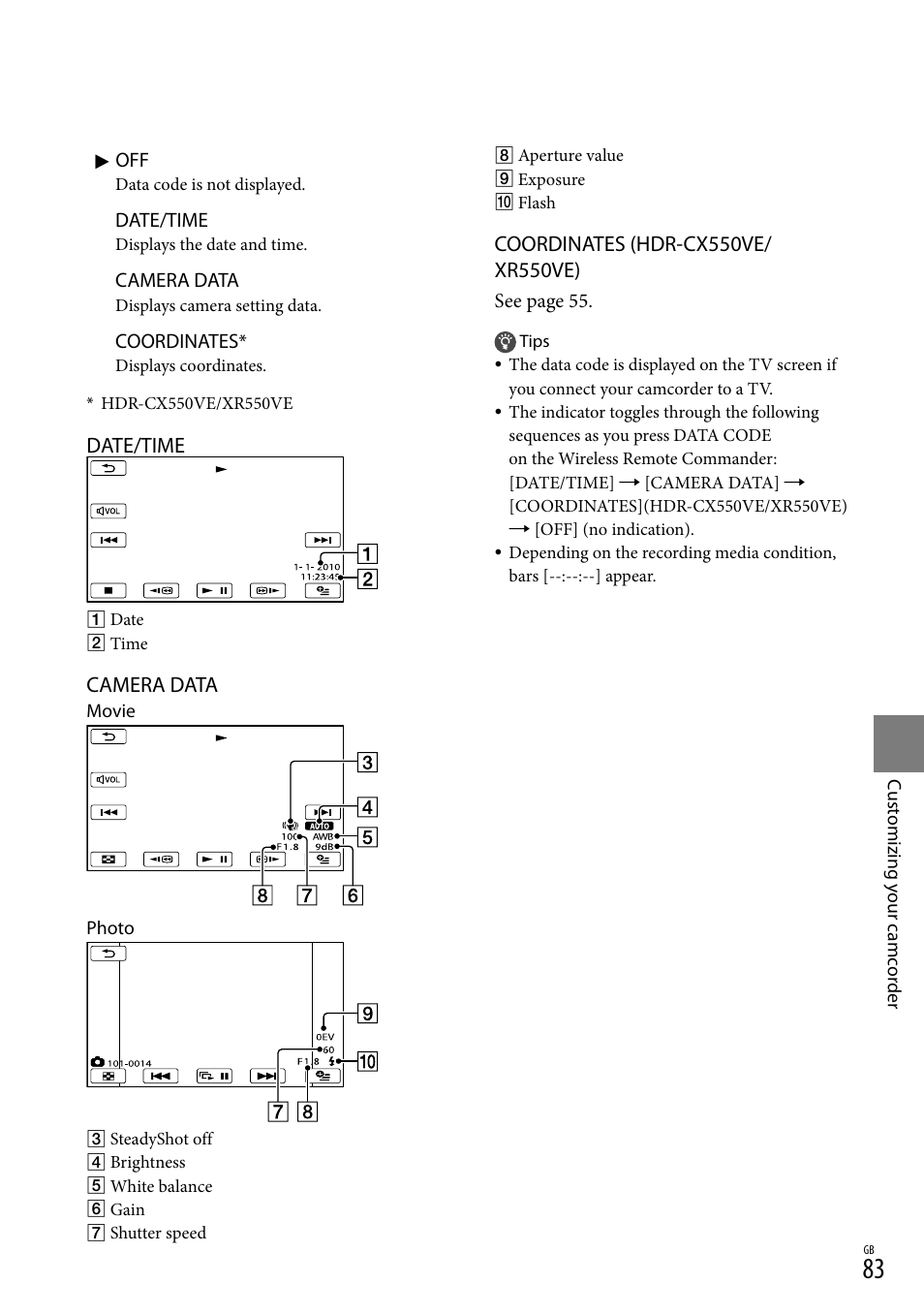 Date/time, Camera data | Sony XR550E User Manual | Page 83 / 127