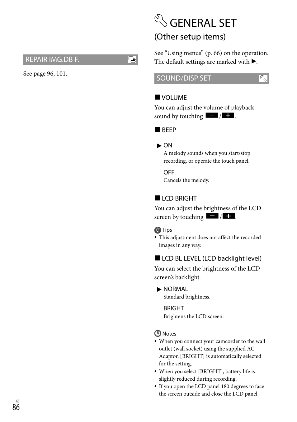 General set (other setup items), General set, Other setup items) | Repair img.db f, Sound/disp set | Sony XR550E User Manual | Page 86 / 127