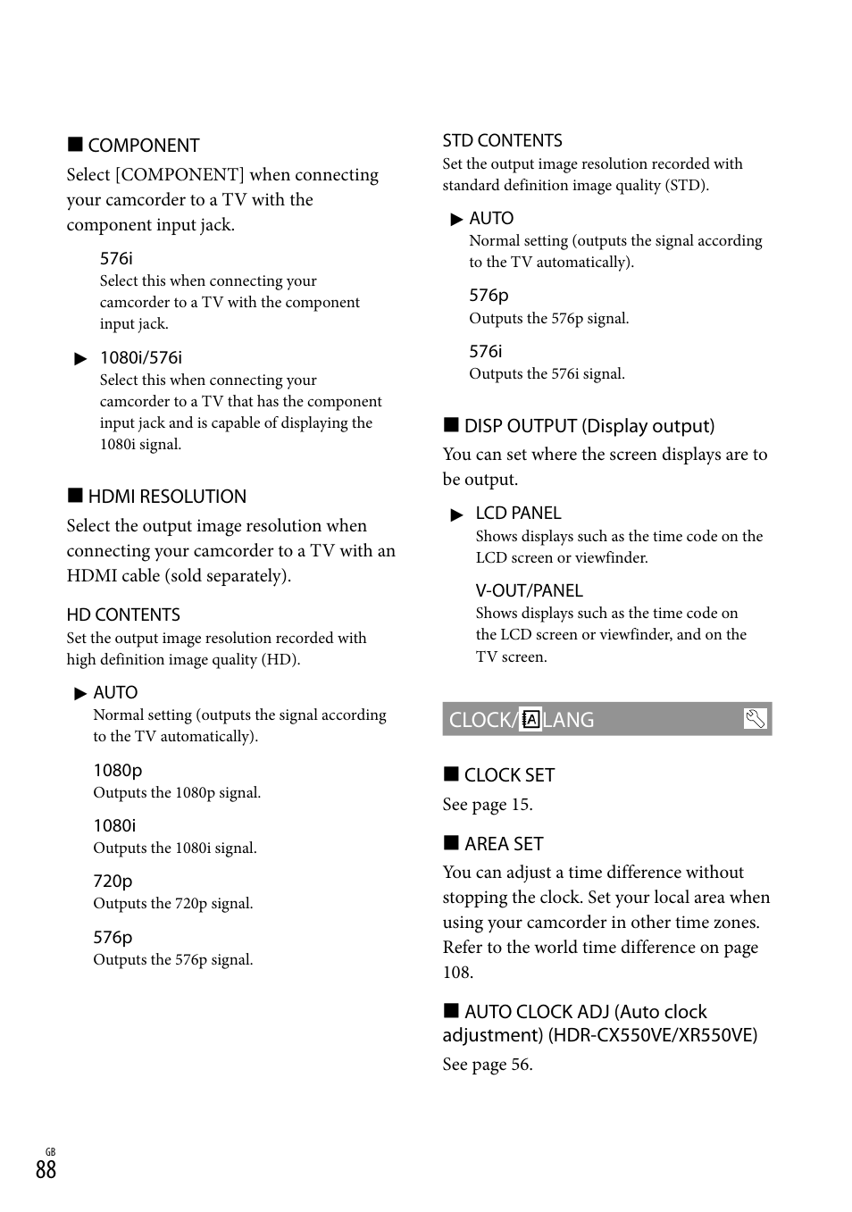 Clock/ lang | Sony XR550E User Manual | Page 88 / 127